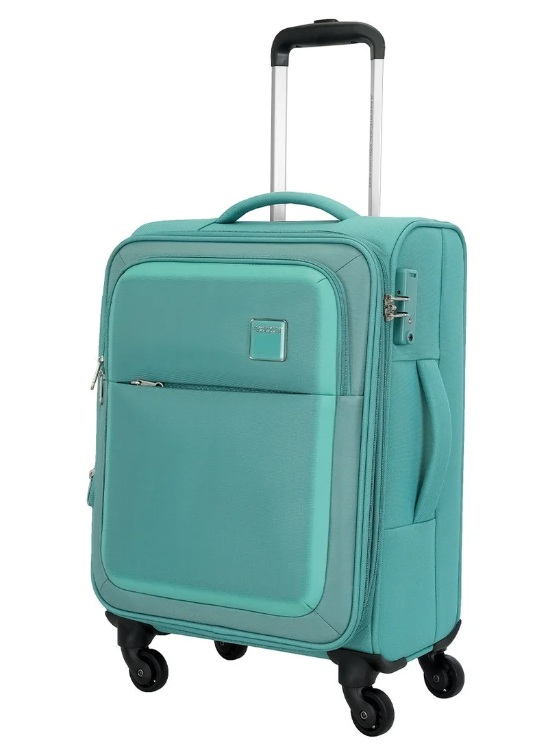 American Tourister green Seville Suitcase, Cabin Size 57 cm / 20 inch, 4 Wheels, Soft Top, Polyester, Green|TSA Lock|Front Storage Compartment|Inner Mesh Zippered Pocket - 3 Years International Warranty  | Best Price UAE